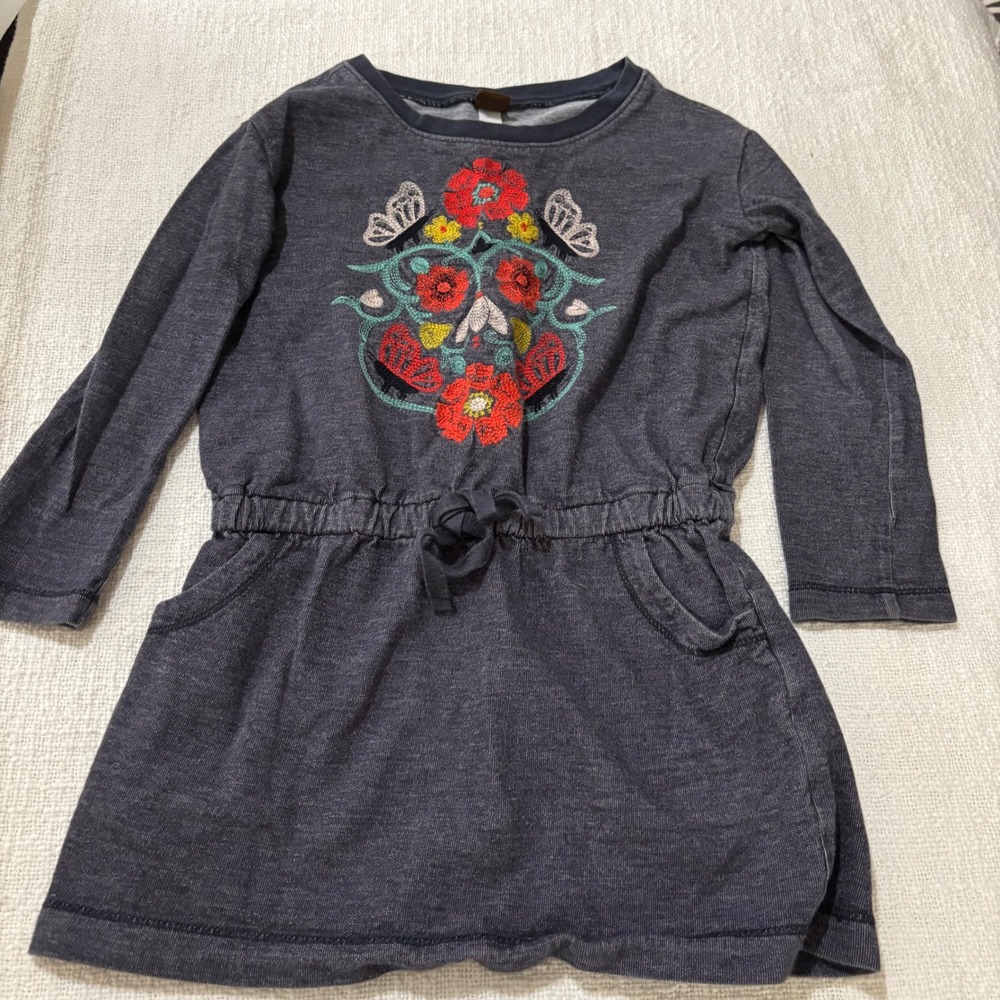 Tea Collection Girls Charcoal Gray Embroidered Floral Butterfly Pocket Dress 5